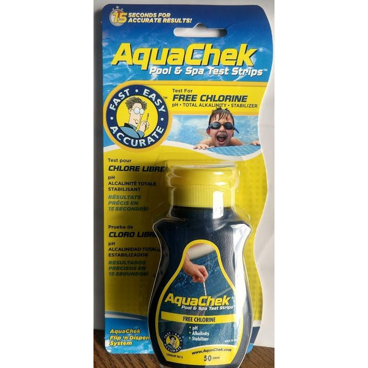 AquaCheck Chlorine, pH, Alkalinity and Stabilizer test strips, bottle of 50
