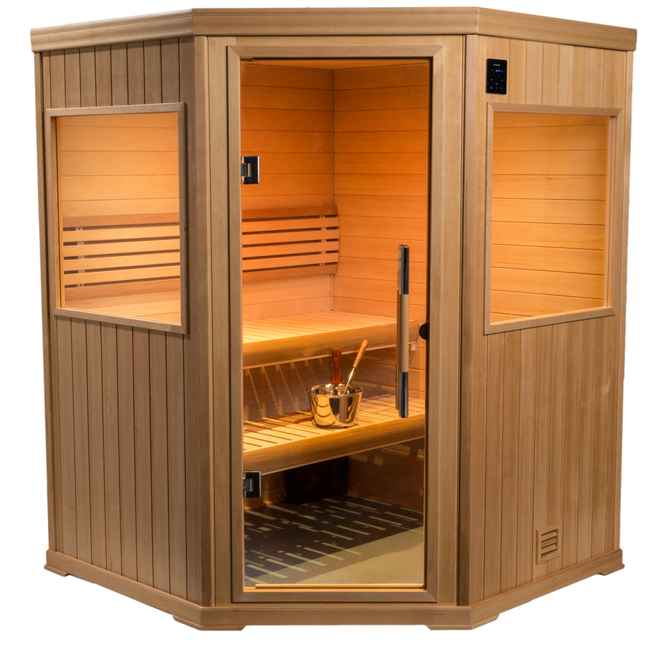 Finnleo Hallmark 6' x 6' Corner Finnish Sauna Bluetooth stereo & WIFI 240 volt