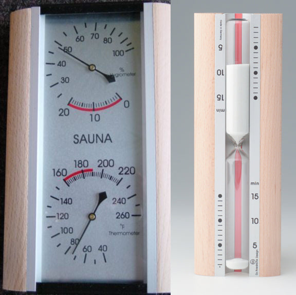 Deluxe sauna package, matching sand timer, thermometer and hygrometer